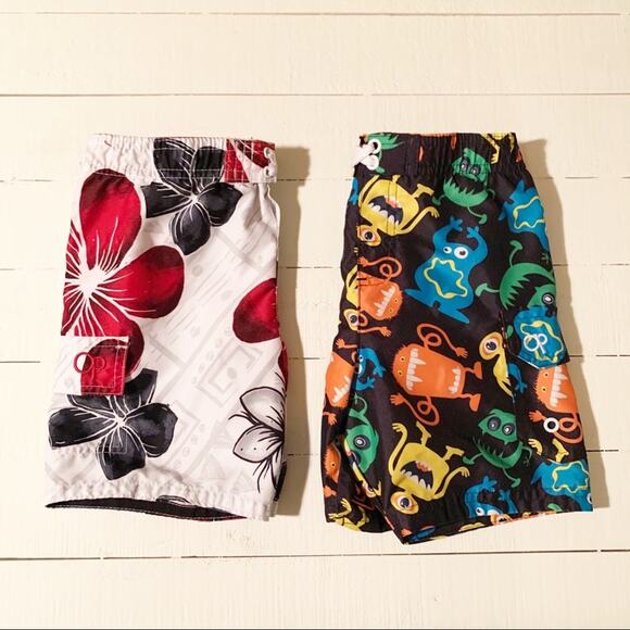 OP Hawaiian & Monster Print Swim Trunks 2T - Picture 5 of 7